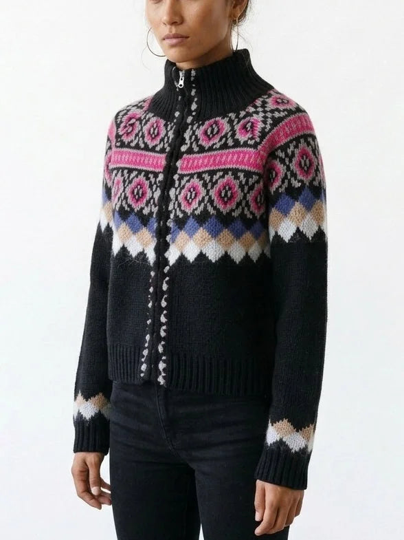 Fair Isle Zip Front High Neck Wool Cotton Cardigan - Sweaters & Knitwear
