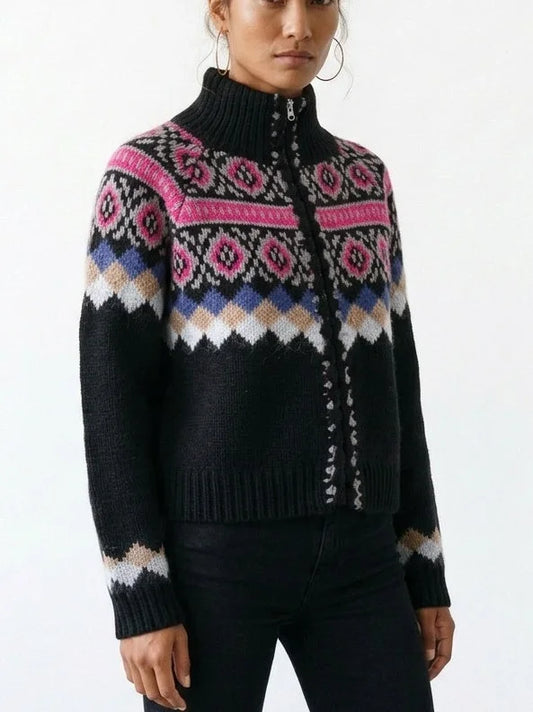 Fair Isle Zip Front High Neck Wool Cotton Cardigan - Sweaters & Knitwear