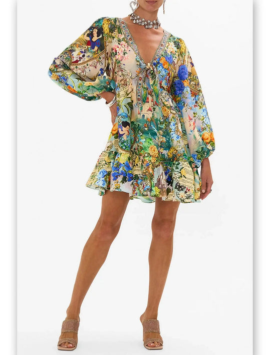 Fairy Tale Printed Short Tie Front Silk Blouson Dress - Branna Couture