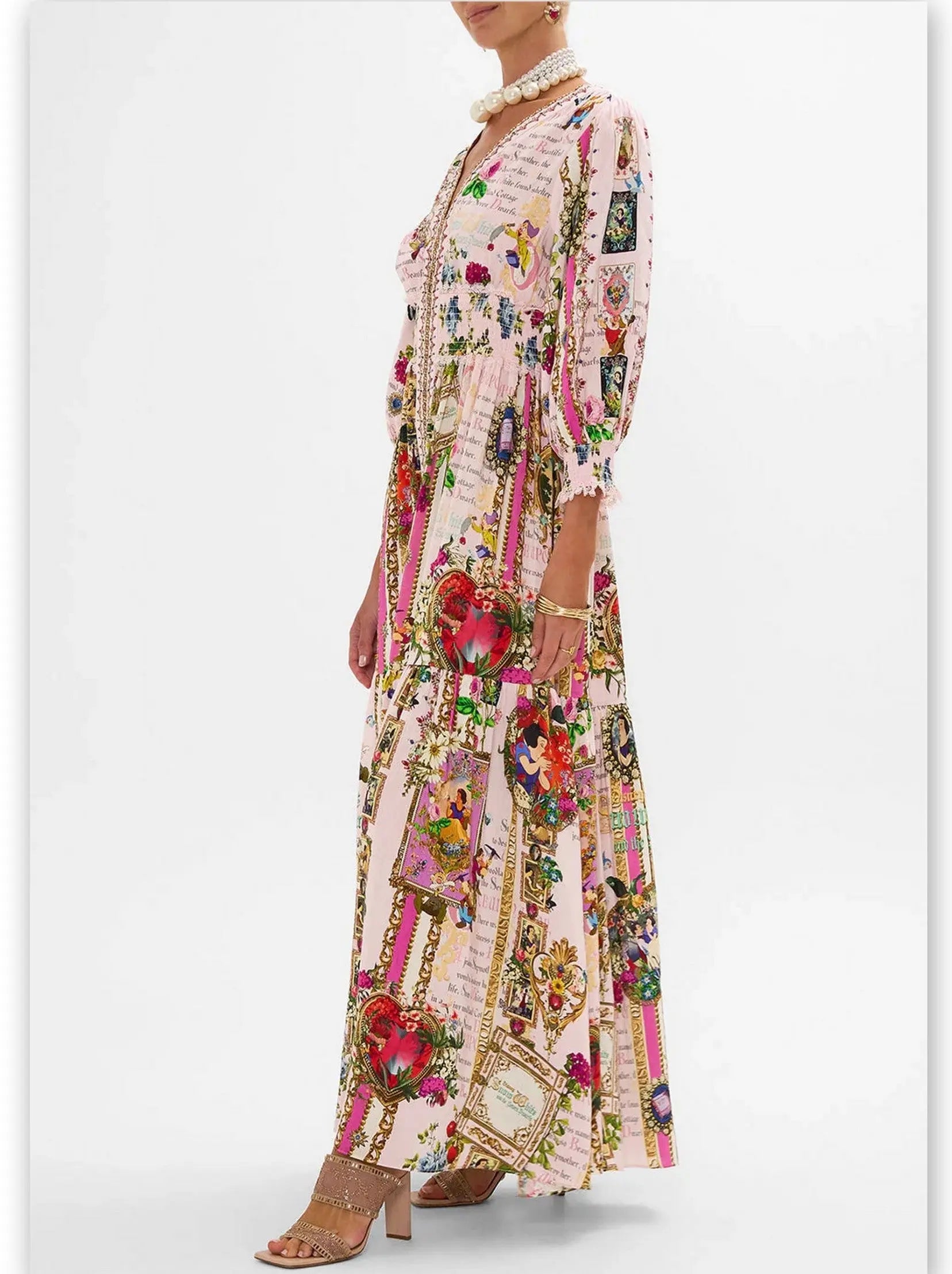 Fairy Tale and Floral Printed Dress with Shirred Waist - Branna Couture