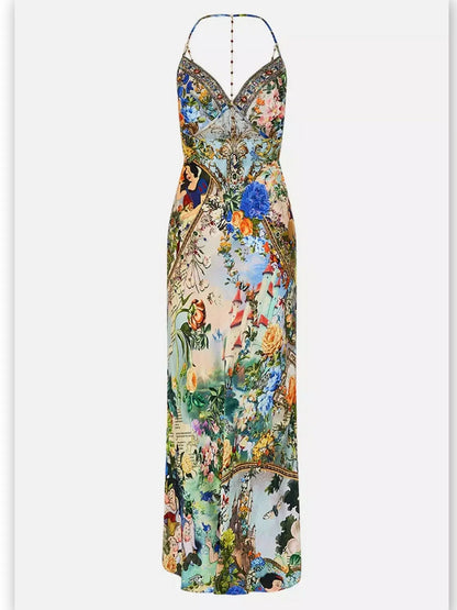 Fairy Tale and Floral Printed Silk Chain-Detail Slip Dress - Branna Couture