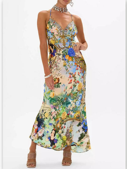 Fairy Tale and Floral Printed Silk Chain-Detail Slip Dress - Branna Couture