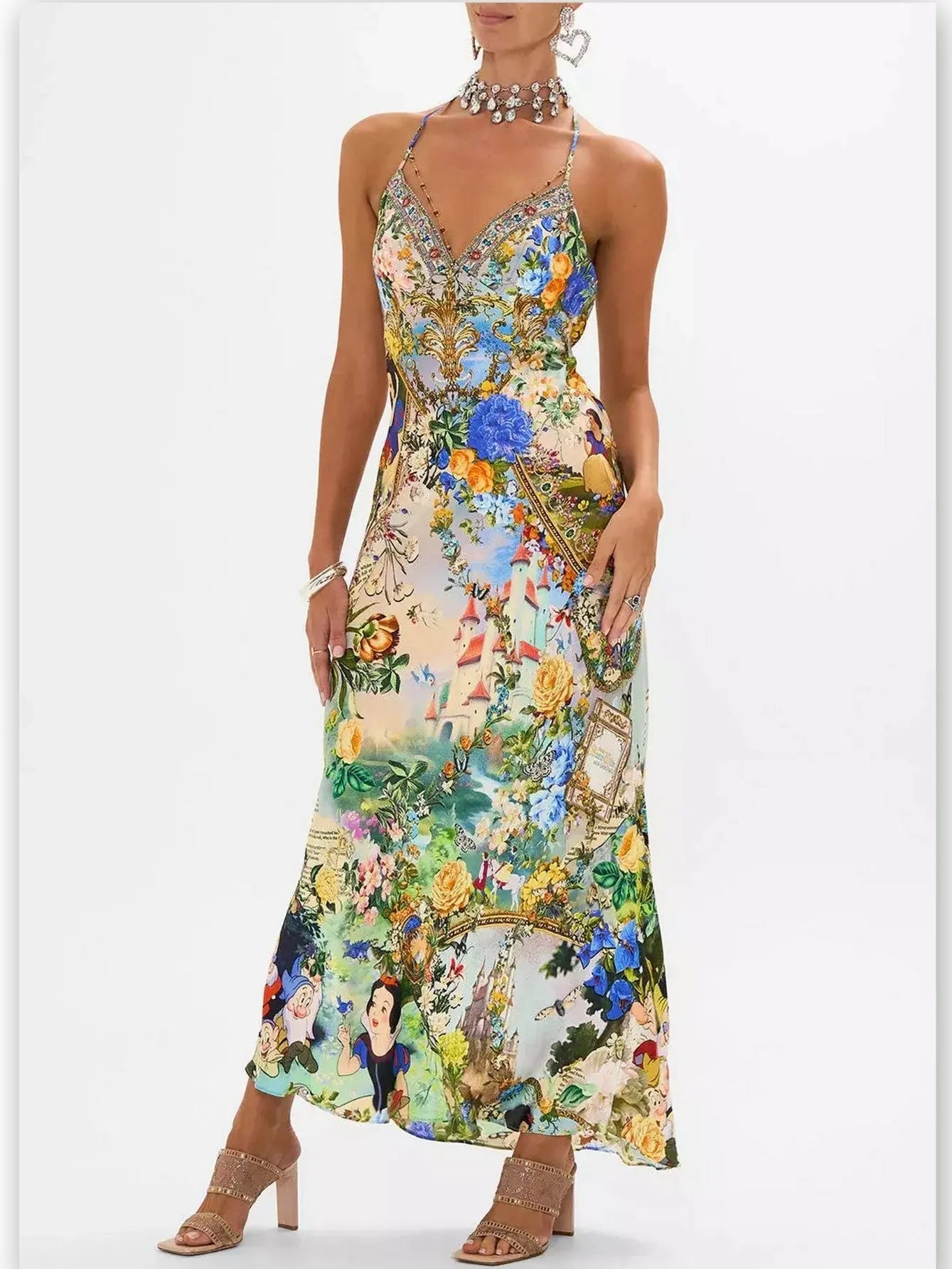 Fairy Tale and Floral Printed Silk Chain-Detail Slip Dress - Branna Couture