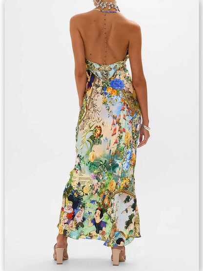 Fairy Tale and Floral Printed Silk Chain-Detail Slip Dress - Branna Couture