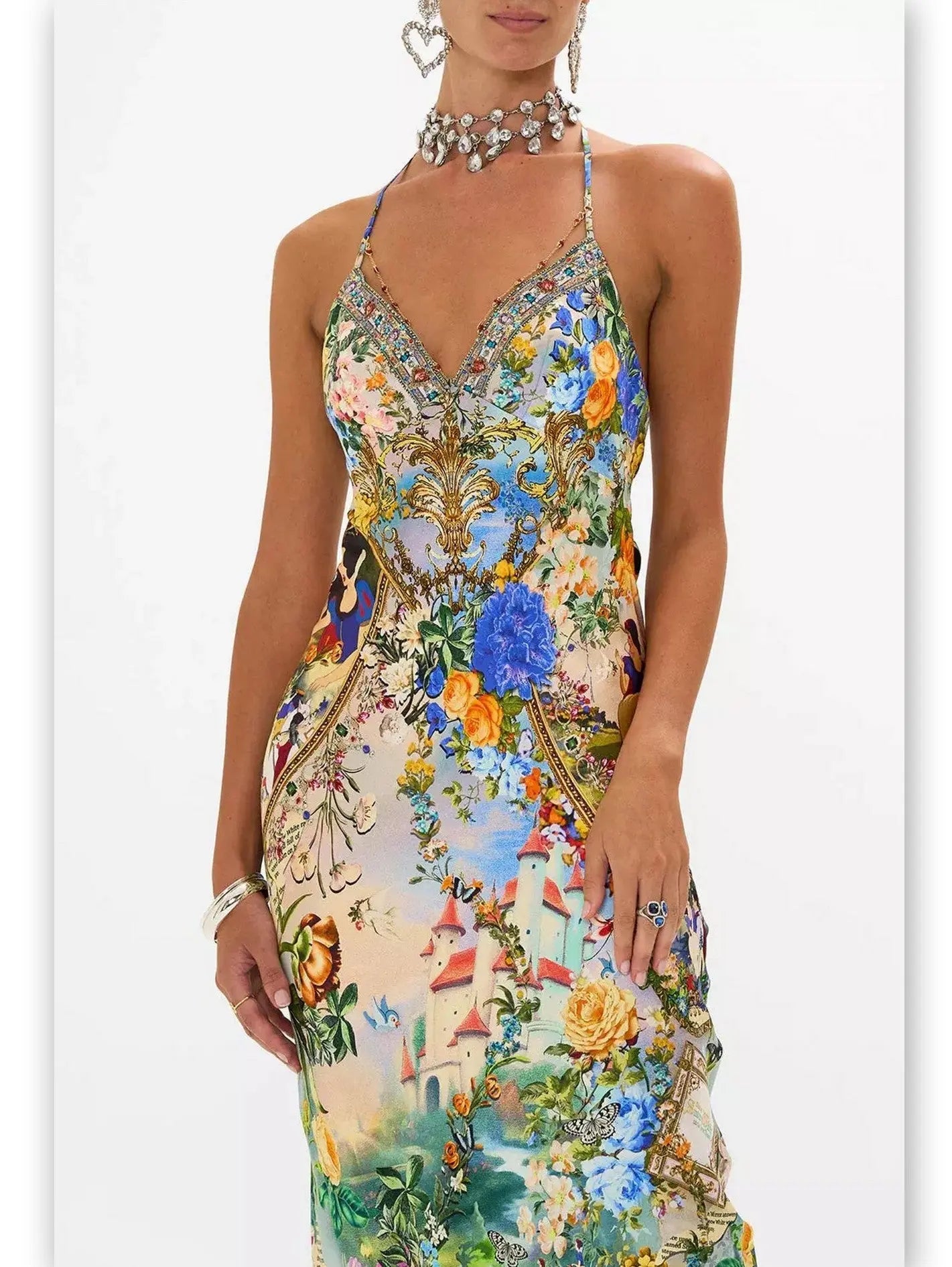 Fairy Tale and Floral Printed Silk Chain-Detail Slip Dress - Branna Couture