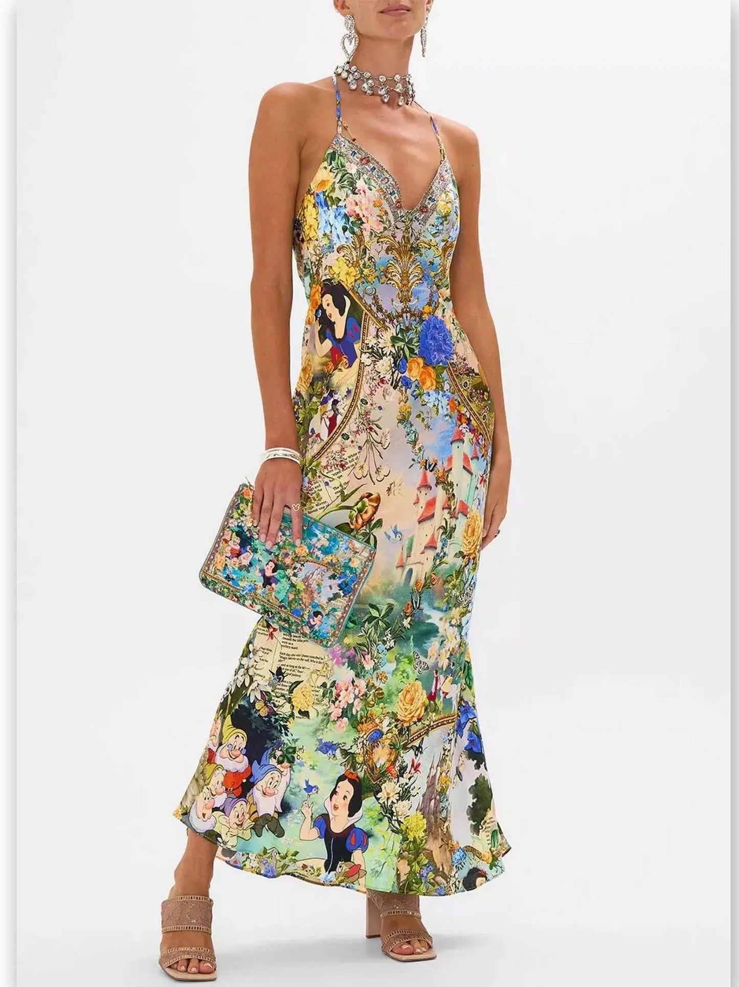 Fairy Tale and Floral Printed Silk Chain-Detail Slip Dress - Branna Couture