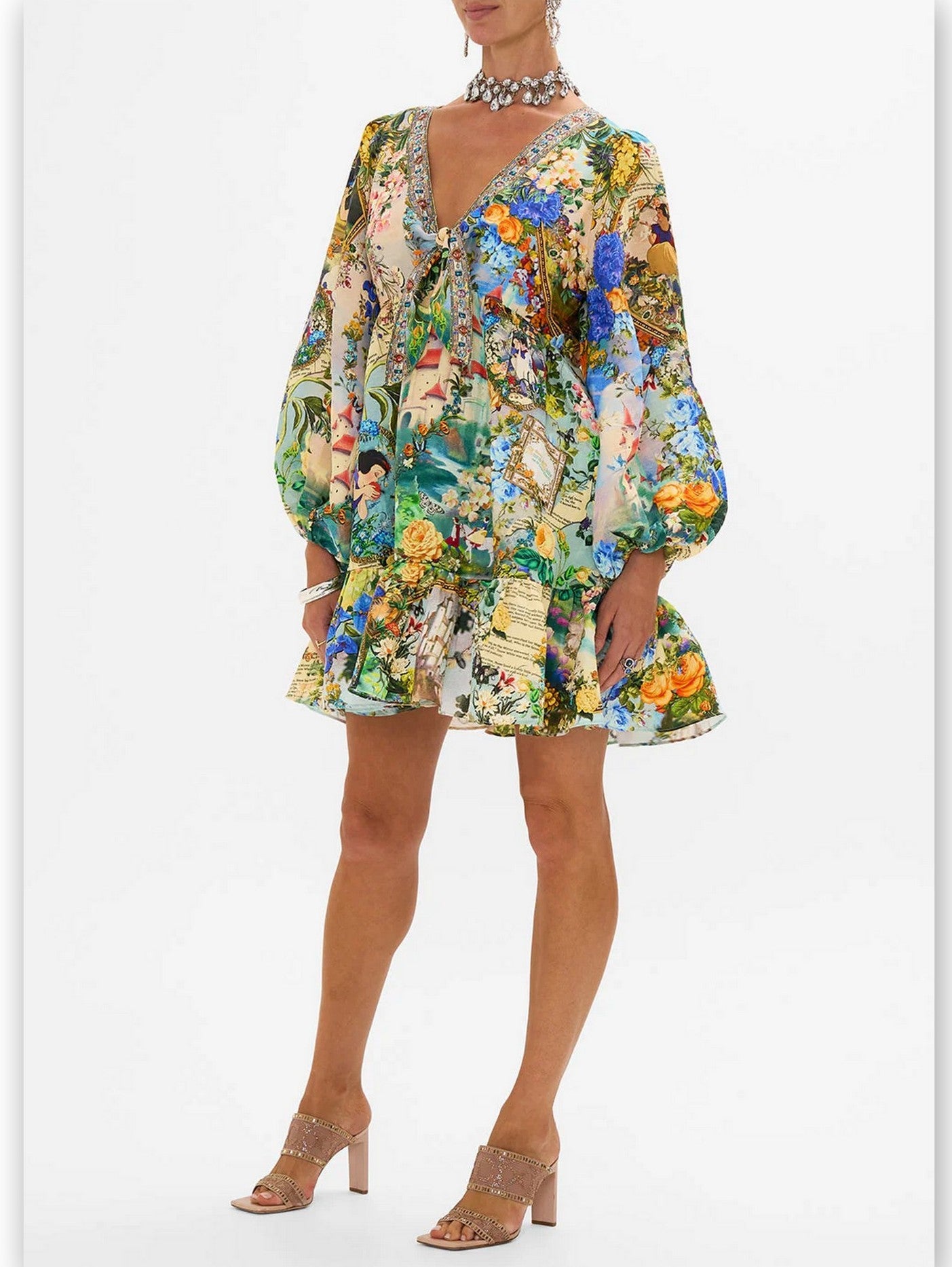 Fairy Tale Printed Short Tie Front Silk Blouson Dress - Branna Couture