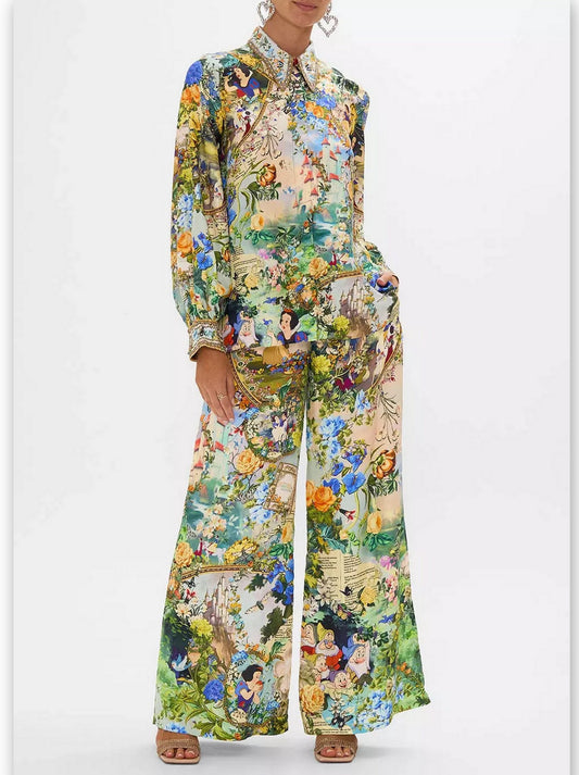 Fairy Tale and Floral Printed Blouse and Lounge Pant Set - Branna Couture