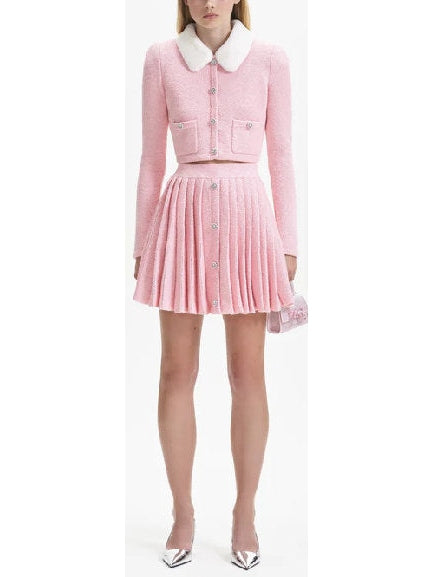 Faux-Fur Collar Cardigan and Pleated Mini Skirt Set in Pink - Branna Couture