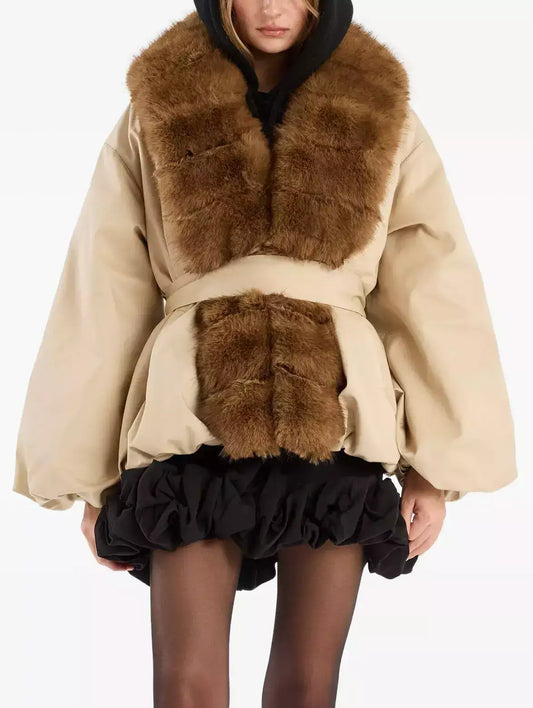 Faux-Fur-Trim Belted Beige Balloon Jacket - Small - Jackets