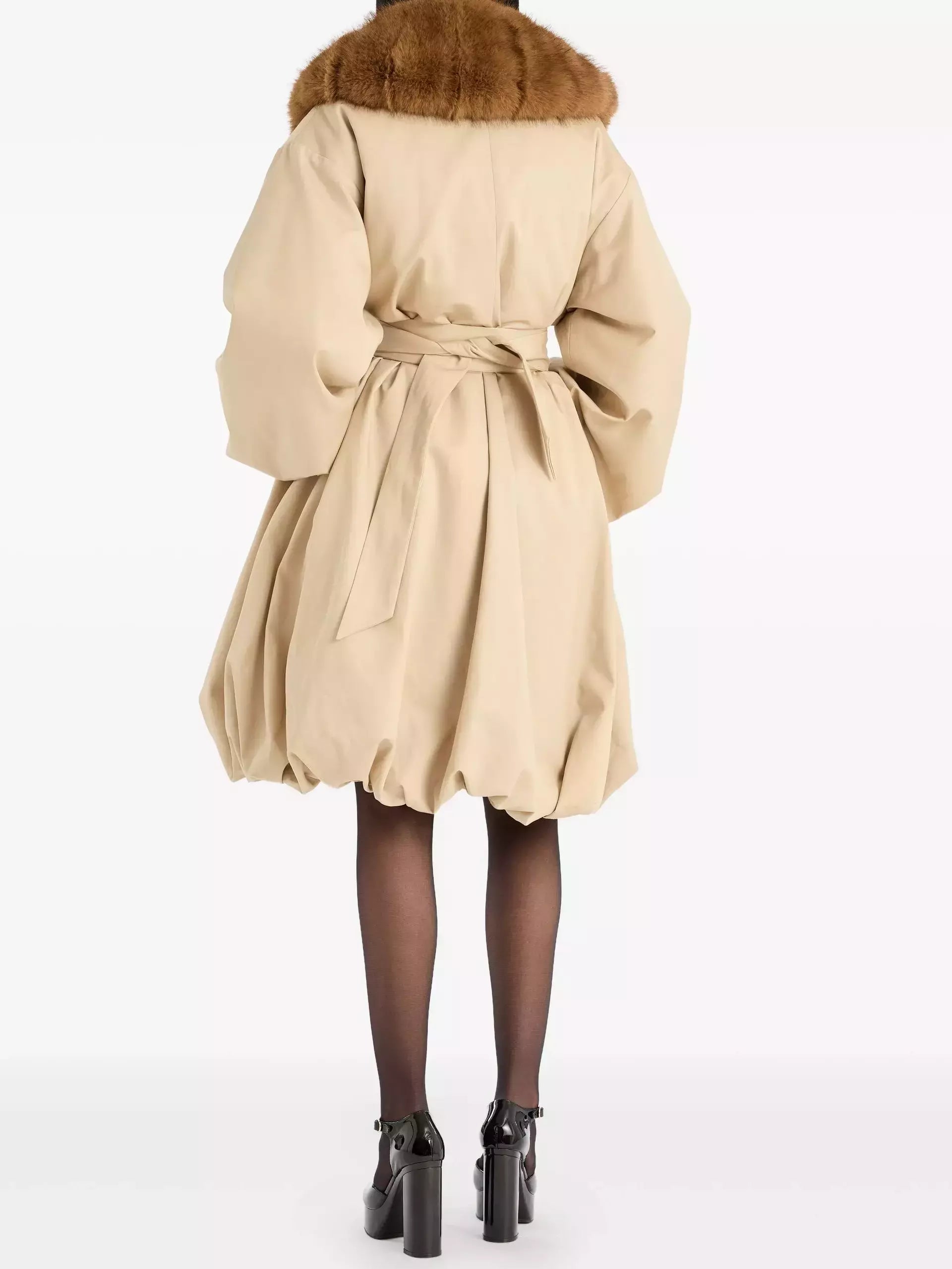 Faux-Fur-Trim Belted Beige Balloon Coat - Coats