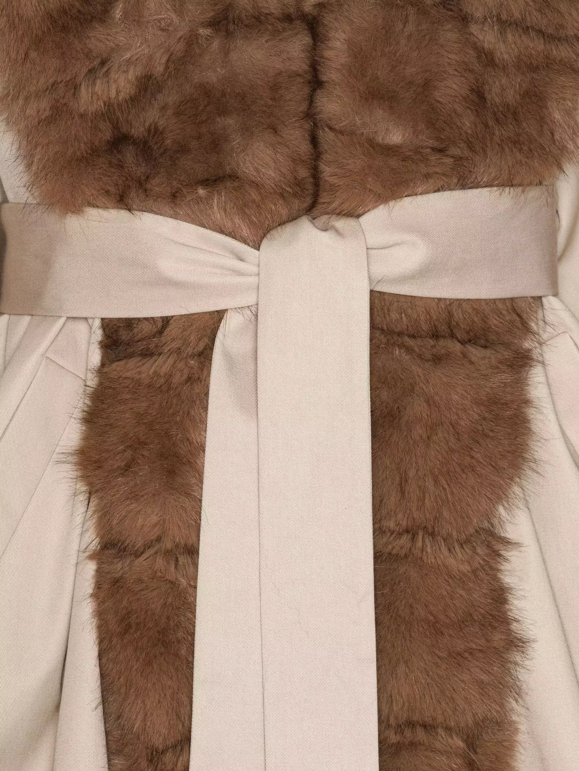 Faux-Fur-Trim Belted Beige Balloon Coat - Coats