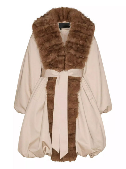 Faux-Fur-Trim Belted Beige Balloon Coat - Coats