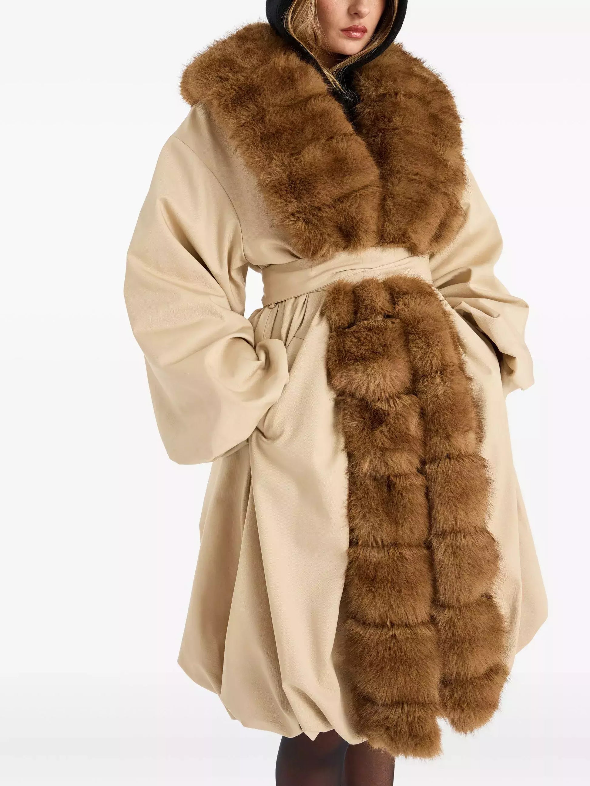 Faux-Fur-Trim Belted Beige Balloon Coat - Coats