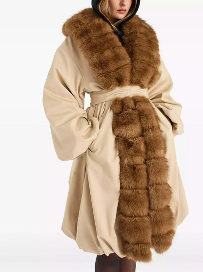 Faux-Fur-Trim Belted Beige Balloon Coat - Coats