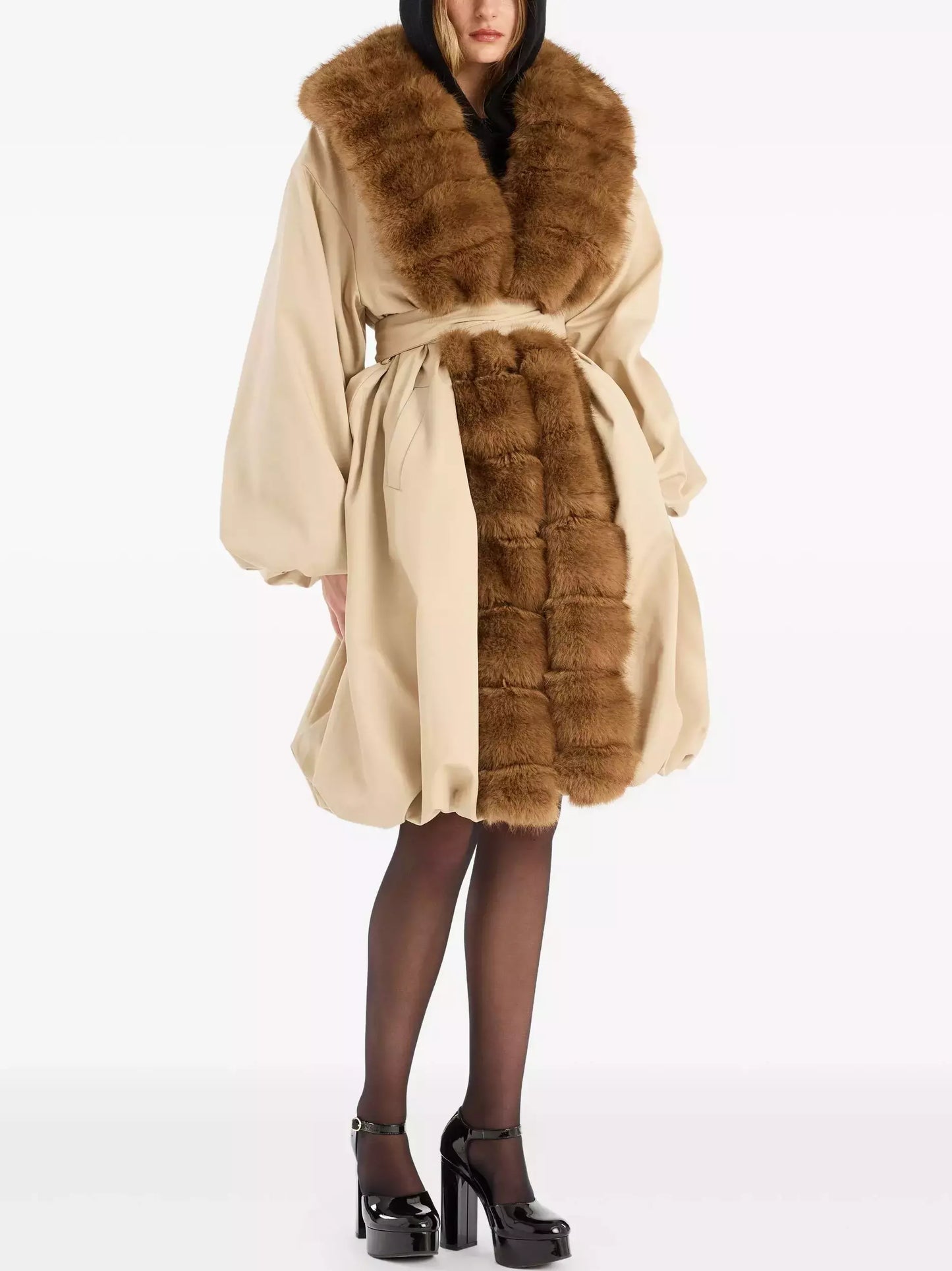Faux-Fur-Trim Belted Beige Balloon Coat - Coats