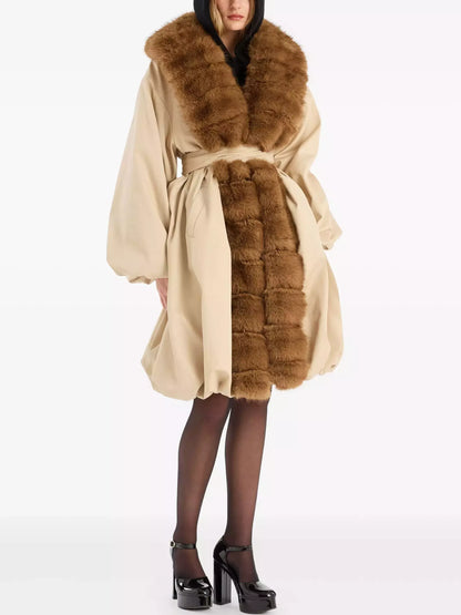 Faux-Fur-Trim Belted Beige Balloon Coat - Coats