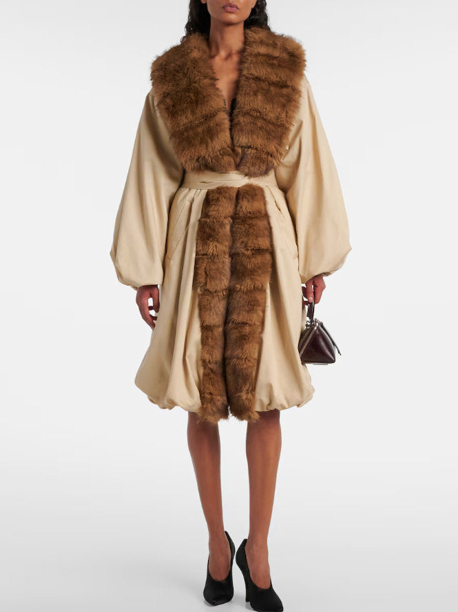 Faux-Fur-Trim Belted Beige Balloon Coat - Small - Coats