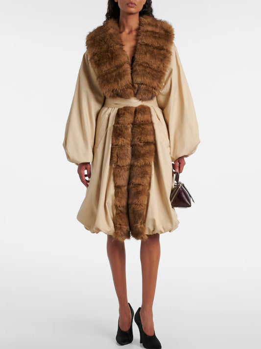 Faux-Fur-Trim Belted Beige Balloon Coat - Small - Coats