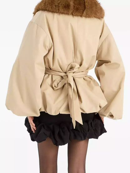 Faux-Fur-Trim Belted Beige Balloon Jacket - Jackets