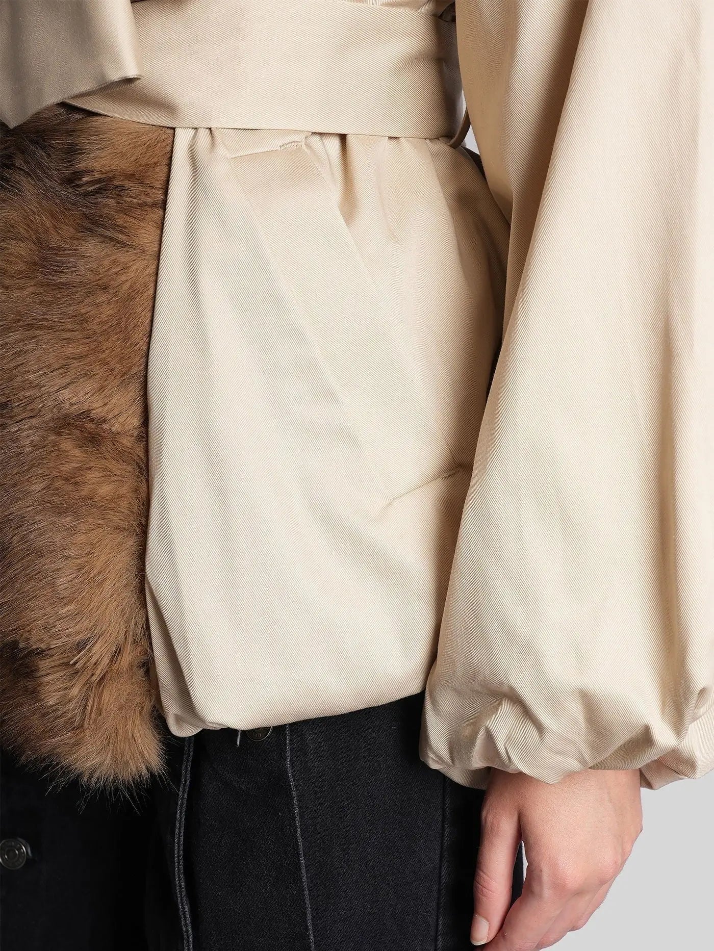 Faux-Fur-Trim Belted Beige Balloon Jacket - Jackets