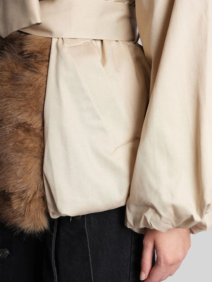 Faux-Fur-Trim Belted Beige Balloon Jacket - Jackets