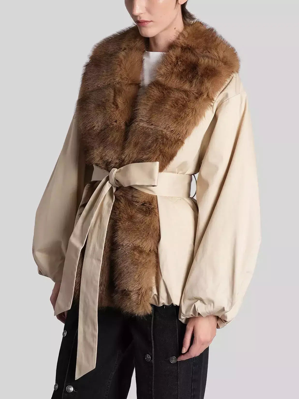 Faux-Fur-Trim Belted Beige Balloon Jacket - Jackets