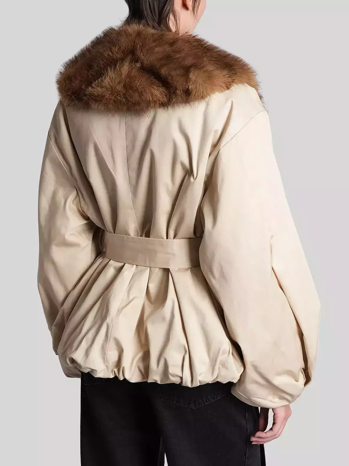 Faux-Fur-Trim Belted Beige Balloon Jacket - Jackets
