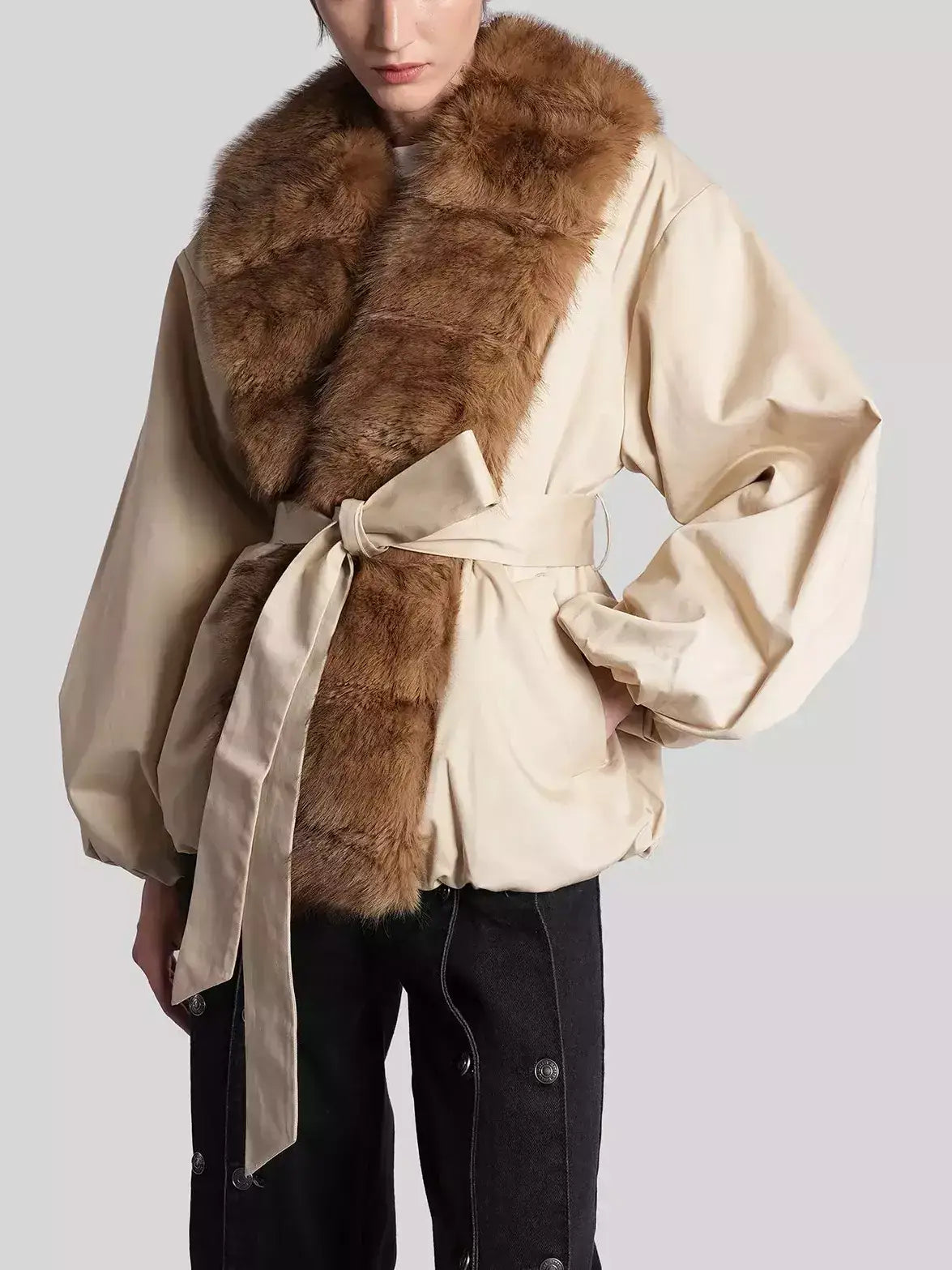 Faux-Fur-Trim Belted Beige Balloon Jacket - Jackets