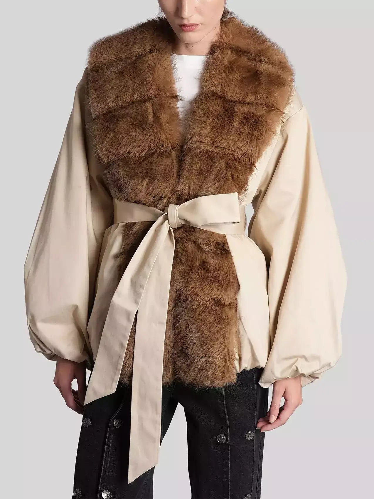 Faux-Fur-Trim Belted Beige Balloon Jacket - Jackets