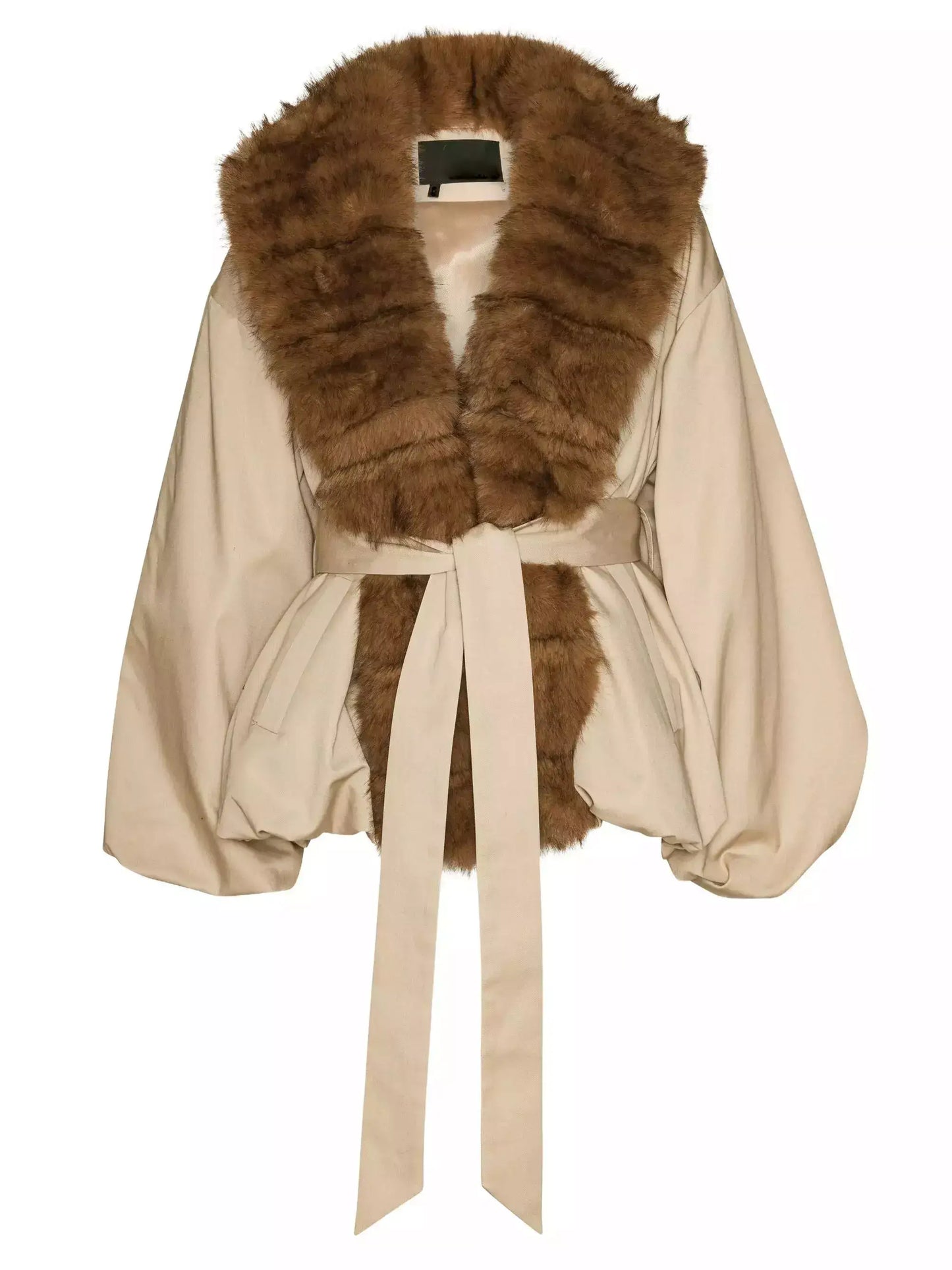 Faux-Fur-Trim Belted Beige Balloon Jacket - Jackets