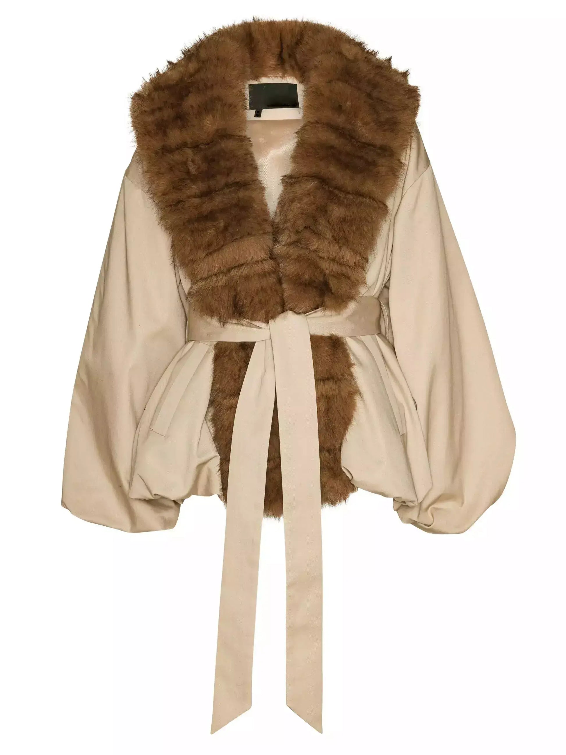 Faux-Fur-Trim Belted Beige Balloon Jacket - Jackets