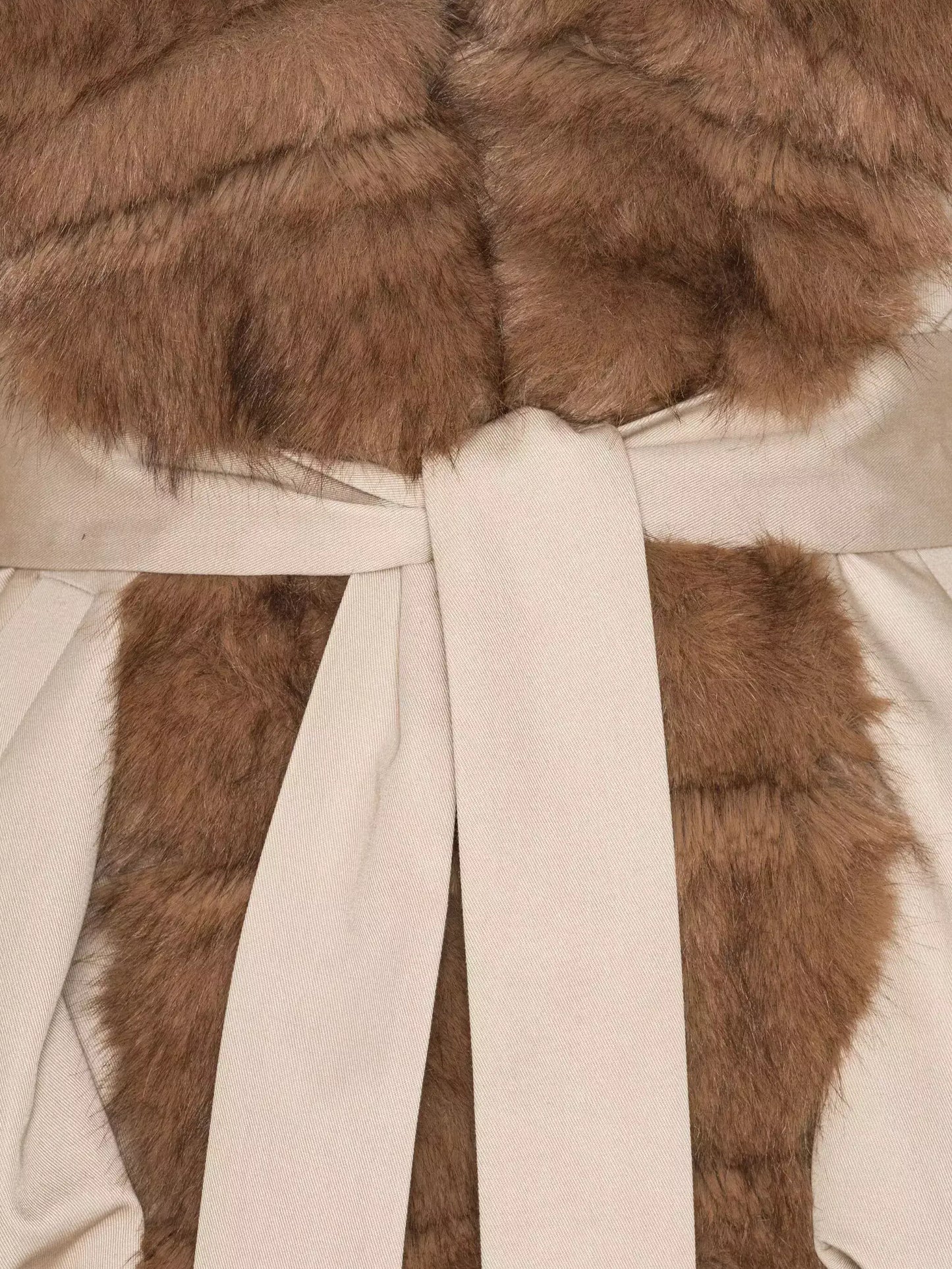Faux-Fur-Trim Belted Beige Balloon Jacket - Jackets