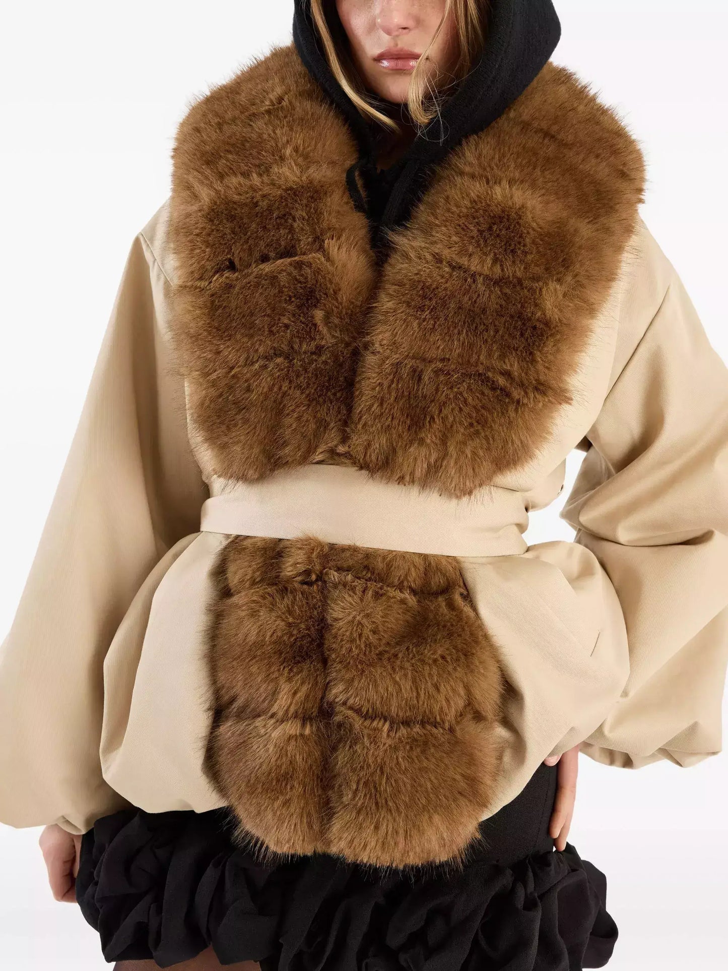 Faux-Fur-Trim Belted Beige Balloon Jacket - Jackets