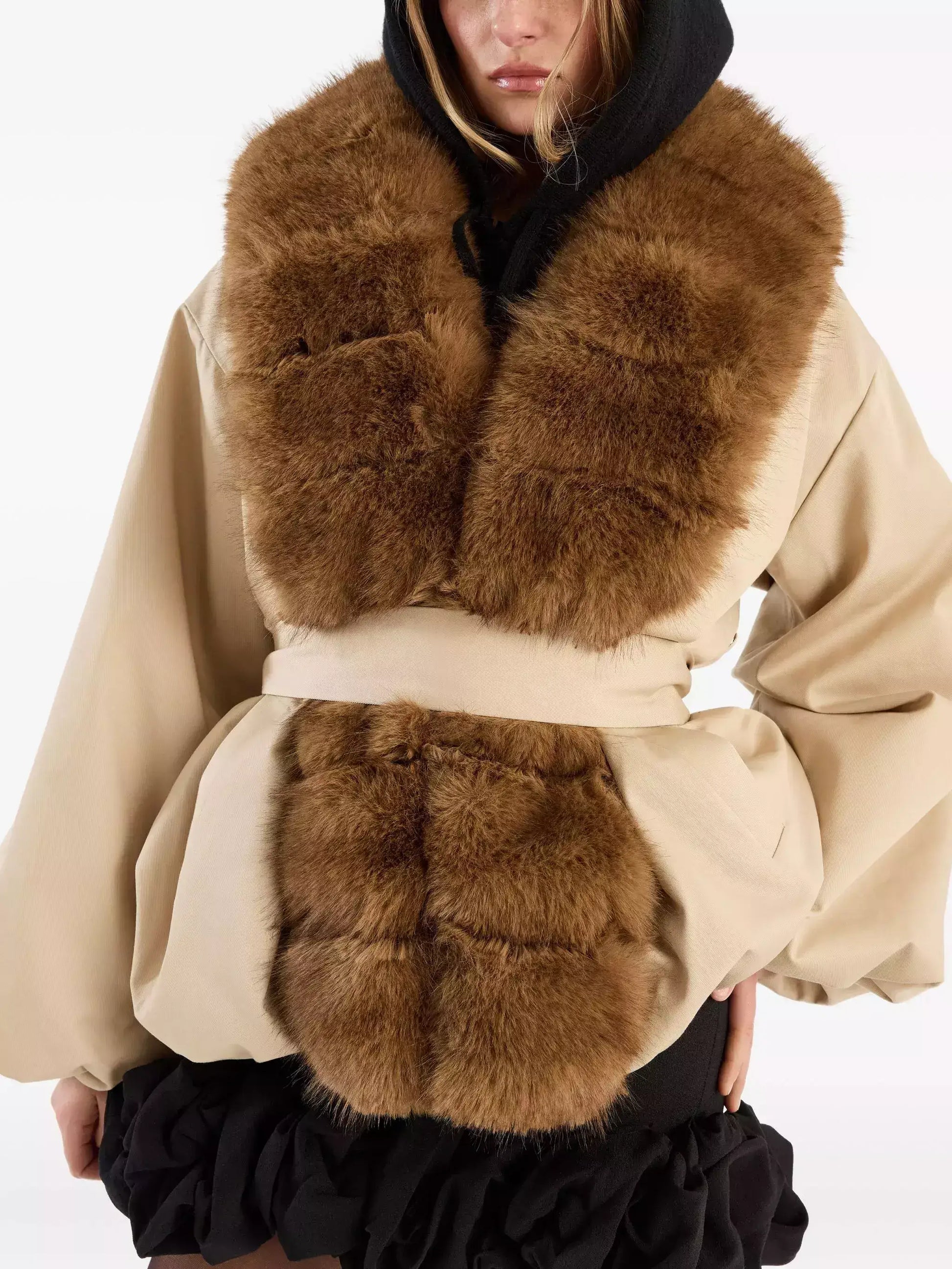 Faux-Fur-Trim Belted Beige Balloon Jacket - Jackets