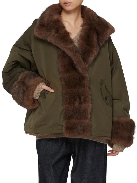 Faux-Fur Lined and Trimmed Oversize Green Jacket - Jackets