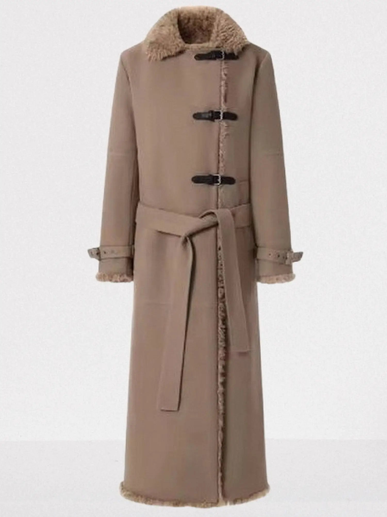 Faux-Shearling Lined Long Buckle Coat - Coats