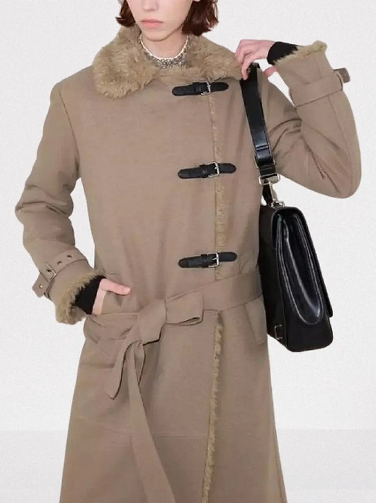 Faux-Shearling Lined Long Buckle Coat - Coats