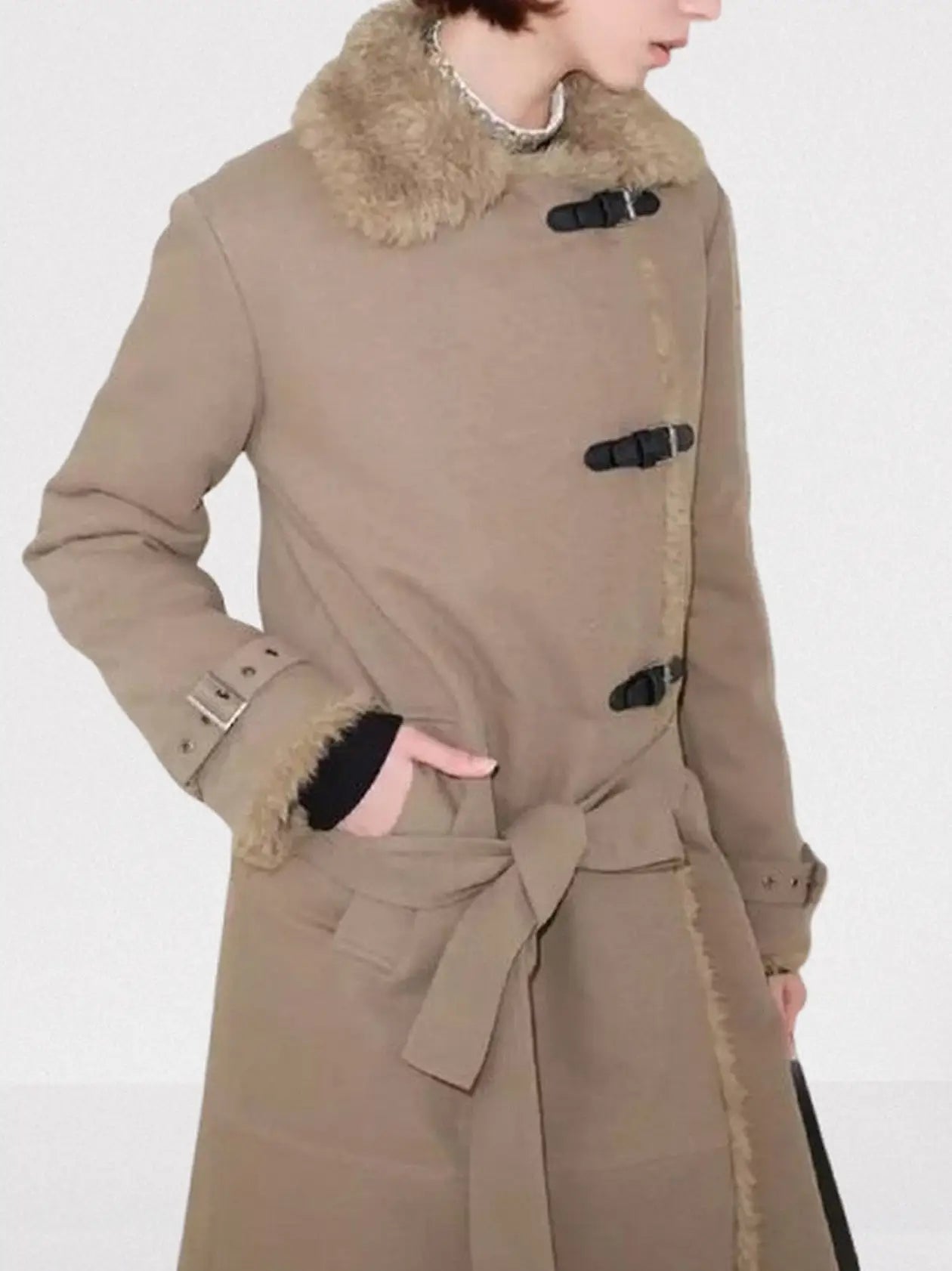 Faux-Shearling Lined Long Buckle Coat - Coats