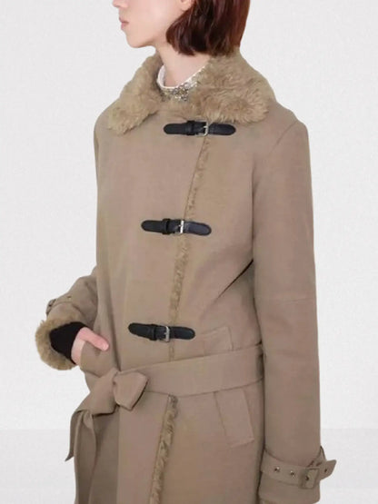 Faux-Shearling Lined Long Buckle Coat - Coats