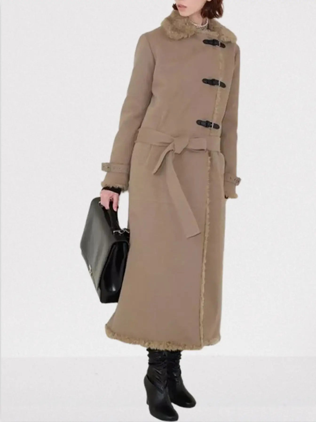 Faux-Shearling Lined Long Buckle Coat - Coats