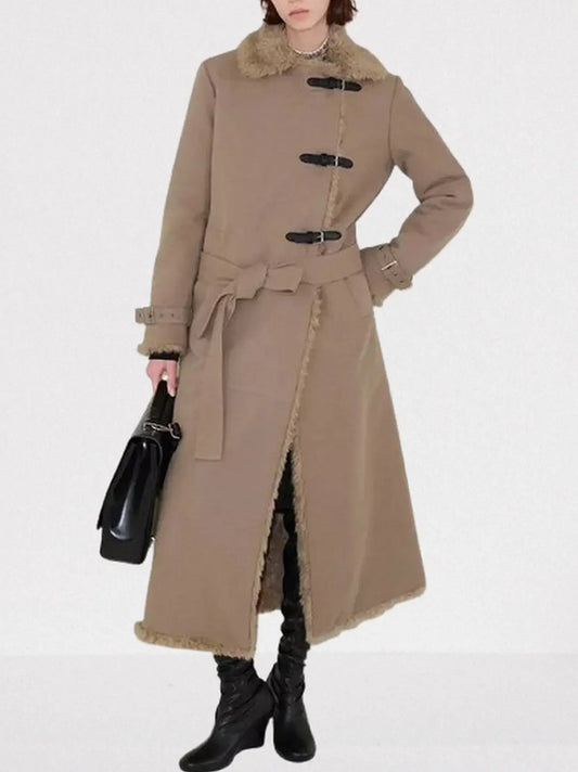 Faux-Shearling Lined Long Buckle Coat - Coats