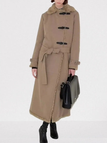 Faux-Shearling Lined Long Buckle Coat - Coats