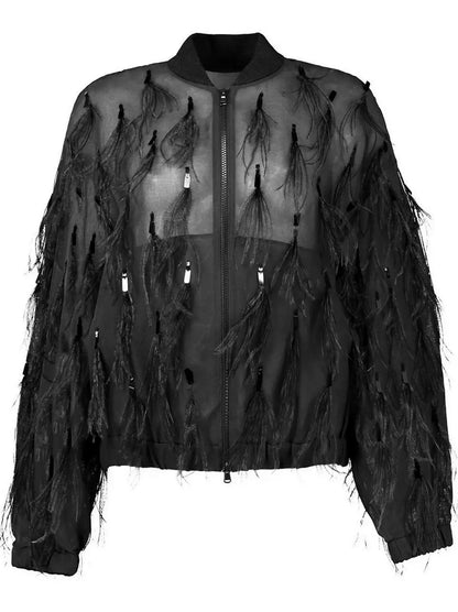 Feather-Embellished Silk Organza Bomber Jacket Branna Couture