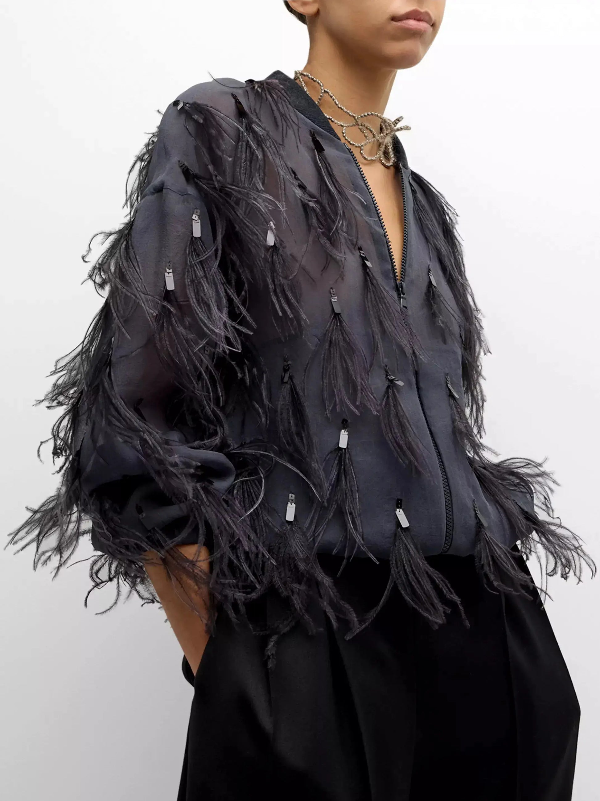 Feather-Embellished Silk Organza Bomber Jacket Branna Couture