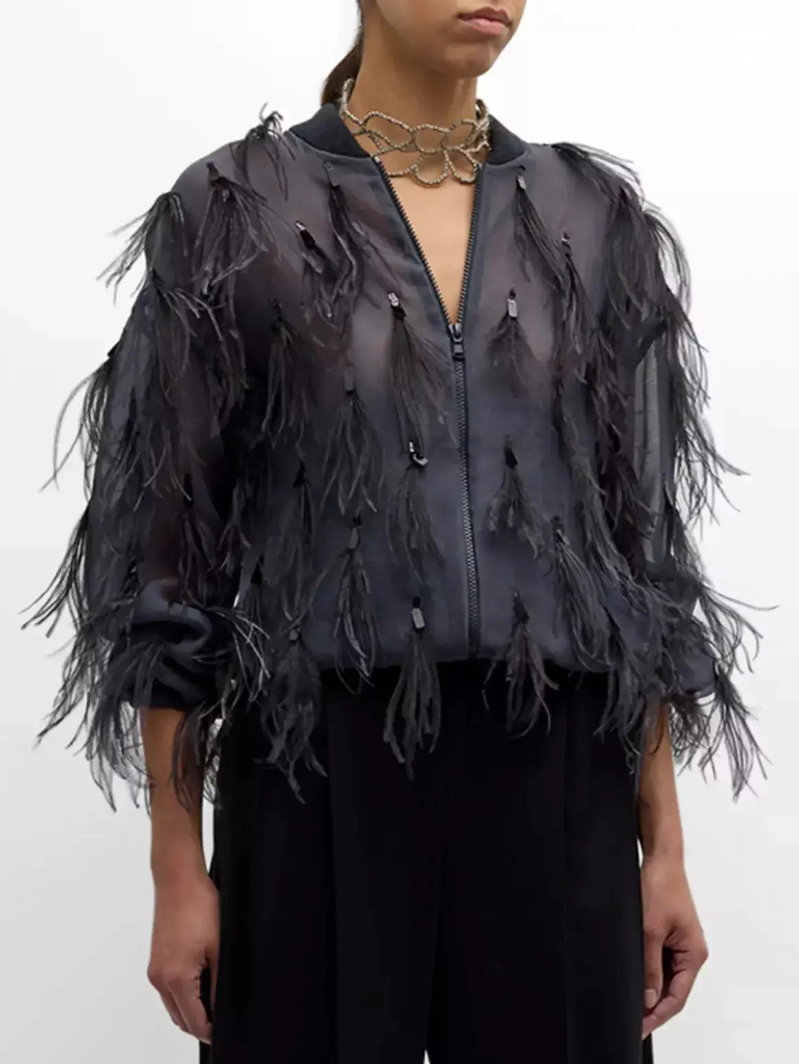 Feather-Embellished Silk Organza Bomber Jacket Branna Couture