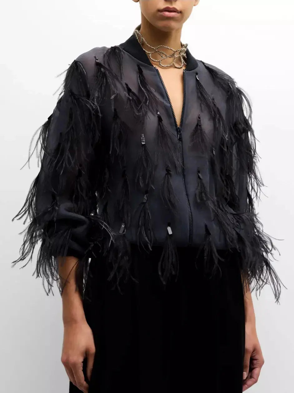 Feather-Embellished Silk Organza Bomber Jacket Branna Couture