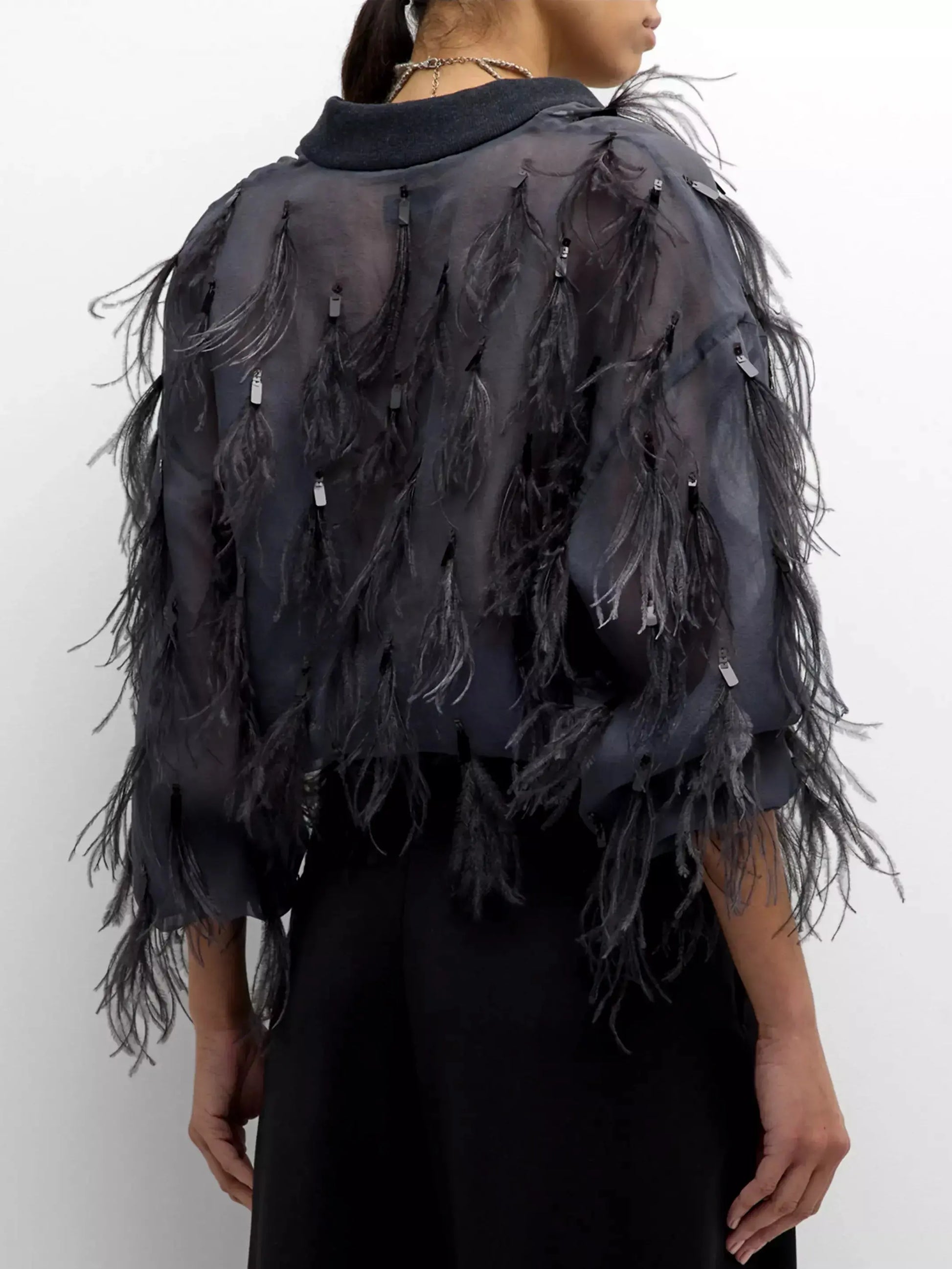 Feather-Embellished Silk Organza Bomber Jacket Branna Couture