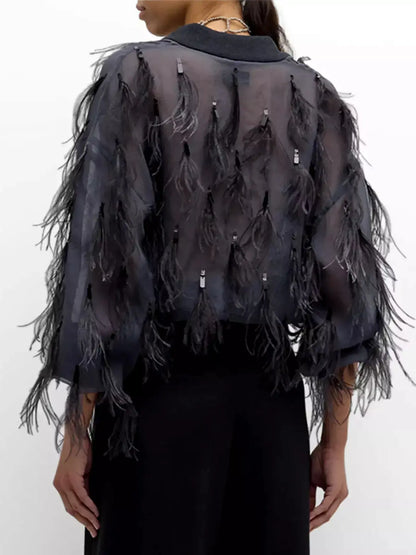 Feather-Embellished Silk Organza Bomber Jacket Branna Couture