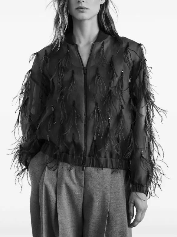 Feather-Embellished Silk Organza Bomber Jacket Branna Couture